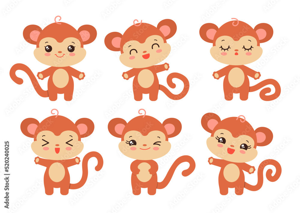 Cartoon monkey baby character set various emotions. Kawaii monkey facial expressions - calm, happy, laughing, smiling, waving, winking. Baby monkey cute character chibi style. Adorable little chimp. Cartoon monkey baby character set various emotions. Kawaii monkey facial expressions - calm, happy, laughing, smiling, waving, winking. Baby monkey cute character chibi style. Adorable little chimp.