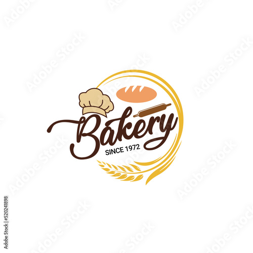 Logo Bakery With Wheat, Rolling pan, bread and Chef cap.