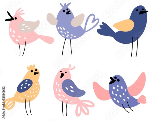 set of pictures with funny birds. funny birds flap their wings. several parrots sing songs and chirp. flat illustration isolated on white background 