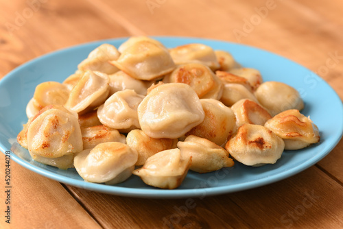 Fried dumplings on a blue plate.