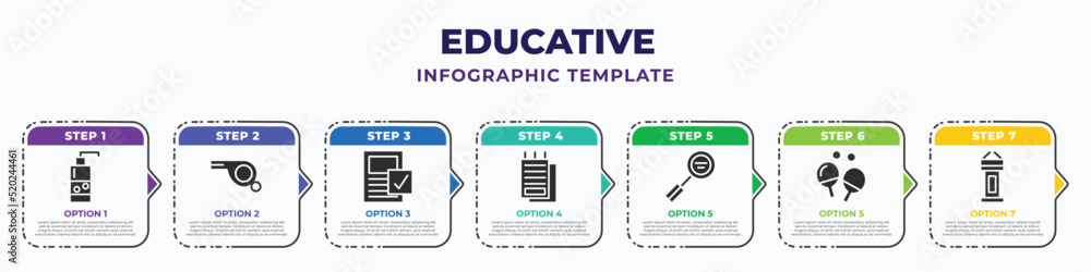 educative infographic design template with soap bottles, silver whistle, selected file, education form, inc, two  rackets, rostrum with microphones icons. can be used for web, banner, info graph. - obrazy, fototapety, plakaty 