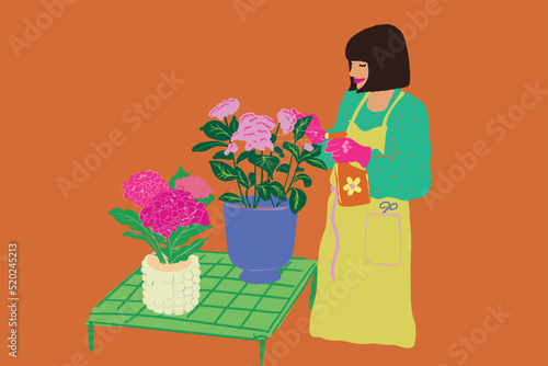 Vector illustration of florist or housewife in apron takes care of flowers on background