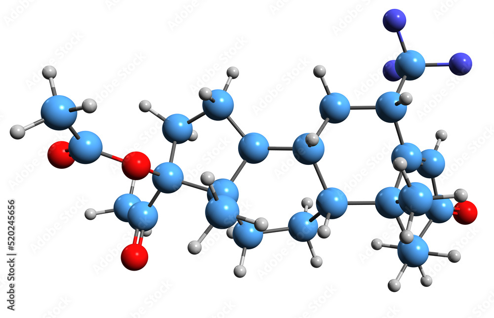 3D image of Flumedroxone acetate skeletal formula - molecular chemical structure of  antimigraine agent - progestin medication isolated on white background
