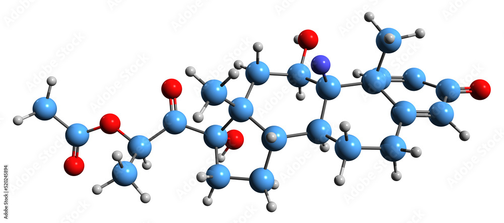 3D image of Fluperolone acetate skeletal formula - molecular chemical structure of corticosteroid isolated on white background
3D image of Fluperolone acetate skeletal formula - molecular chemical structure of corticosteroid isolated on white background