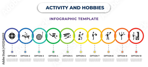 Canvastavla activity and hobbies infographic design template with hunting, horse riding, lace making, diving, hang out, boy reading, greedy, read, pachinko icons