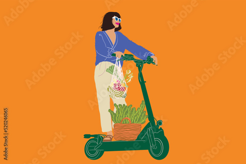 Woman drives on electrical scooter with mesh bag full of vegetables. Vector illustration