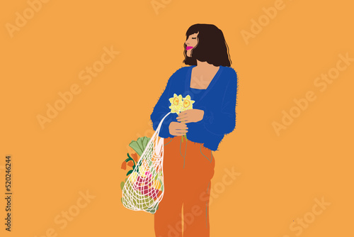 Vector illustration of beautiful woman with flower and bag full of fresh vegetables on background
