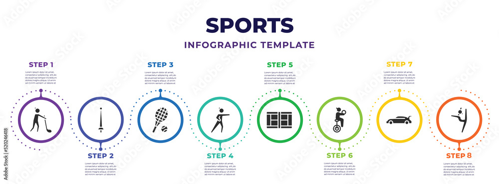 sports infographic design template with hurling, foil, tennis game ...