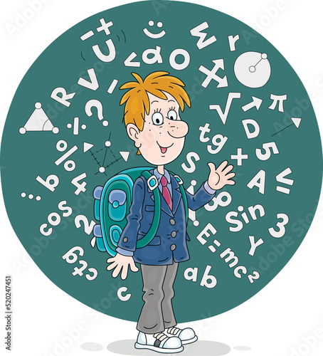 Cheerful schoolboy with his schoolbag surrounded by mathematical formulas and symbols, vector cartoon illustration