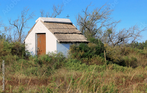 Cabane blanche  de gardian en Camargue, surmontée de son toit de chaume  photo