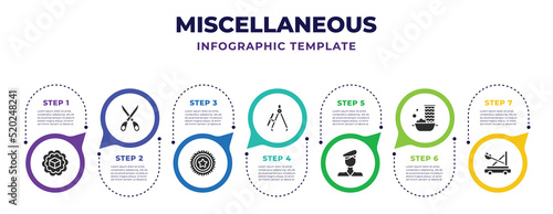Print op canvas miscellaneous infographic design template with product, scissor, beer cap, school compass, swiss, washboard, catapult icons