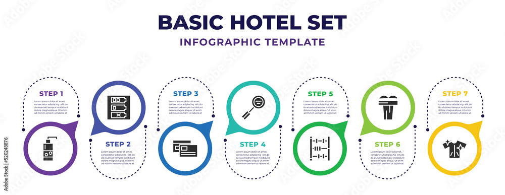 basic hotel set infographic design template with soap bottles, battery with four bars, two cards, inc, mathematical abacus, open book on lectern, clean clothes icons. can be used for web, banner, - obrazy, fototapety, plakaty 