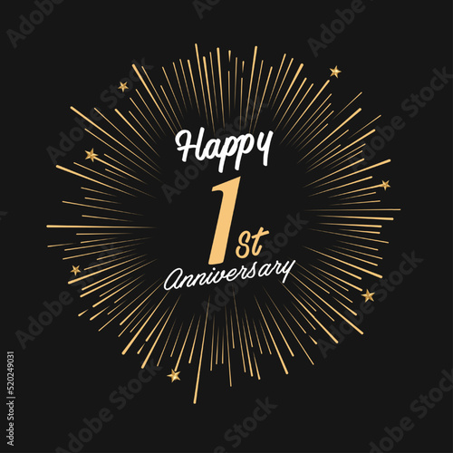 Happy 1st Anniversary with fireworks and star on dark background.