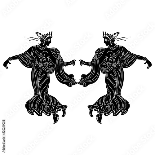 Symmetrical design with two dancing ancient Greek women or goddesses. Vase painting style. Black and white negative silhouette.