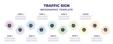 traffic sign infographic design template with steep descent, turn with advisory speed, two ways, zig zag, turn left, y intersection, truck, wide road, pedestrian prohibited icons. can be used for