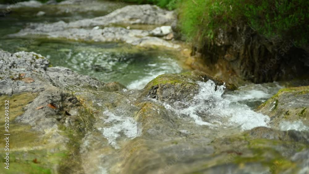 Sehr schöner wilder Bergbach mit Bäumen und Sträuchern in unberührter Natur, mit Felsen und Steinen Sehr schöner wilder Bergbach mit Bäumen und Sträuchern in unberührter Natur, mit Felsen und Steinen