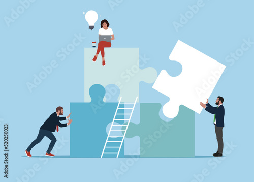 People connecting puzzle elements. Team metaphor and teamwork concept. Vector illustration