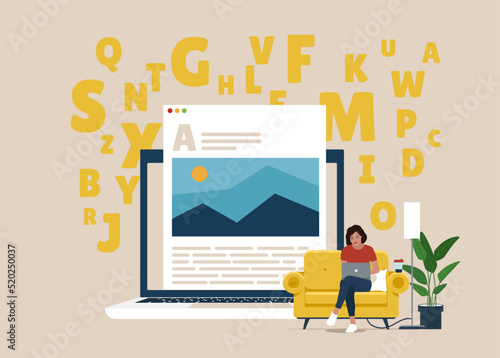 Girl typing text on laptop. Professional writer, author, redactor, journalist, copywriter, content manager, blogger. Vector illustration on white background.