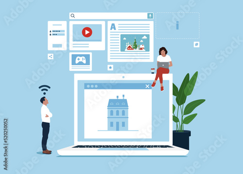 Homepage - web page design on laptop. People working on website homepage development, optimization, setup.