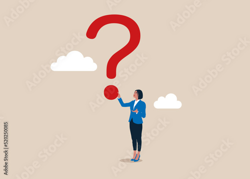 Confidence businesswoman holding big question mark and think about solutions. Doubt, problem solving or ideas and creativity to answer and survive uncertainty.