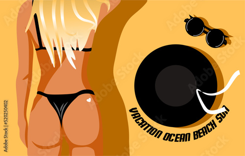 The girl lies on the sand with her back and sunbathes. Nearby lies a black fashionable hat and black sunglasses. The bathing suit is black. Summer vacation, beach, ocean, sea. Vector trend illustratio