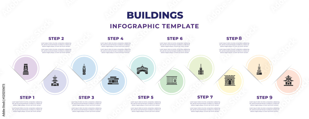 buildings infographic design template with rapa nui, chinese temple ...