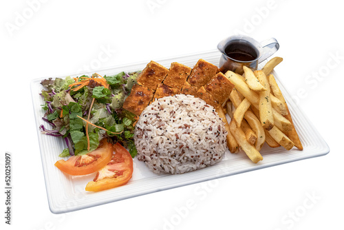 Nyonya Otah Cutlet Rice with salad and fries served in dish isolated on white background side view photo