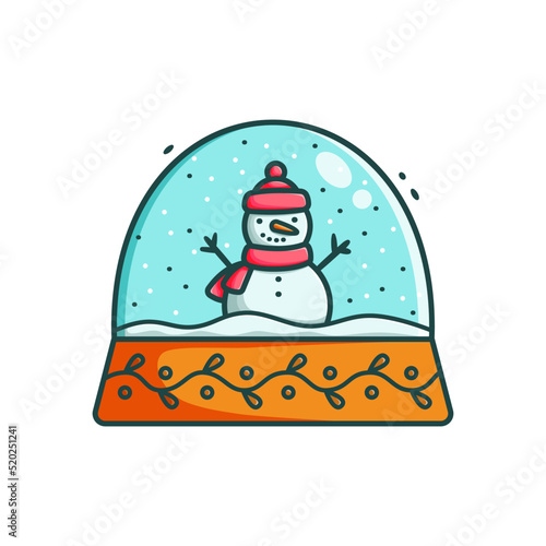 Cartoon Christmas glass snow globe with snowman inside vector illustration. Colorful flat winter snowball decoration. Festive outline design, holiday greeting card, fun xmas cristal toy icon