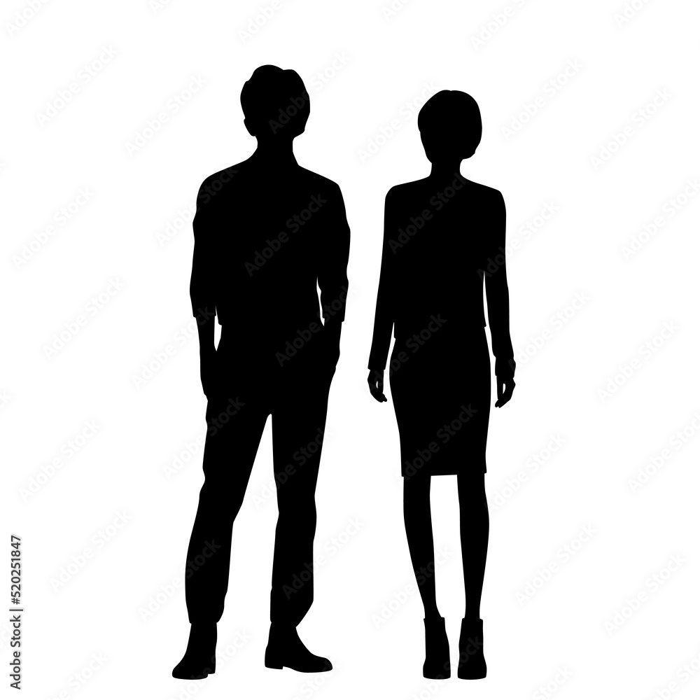 Vector silhouettes of man and a woman, a couple of standing business ...