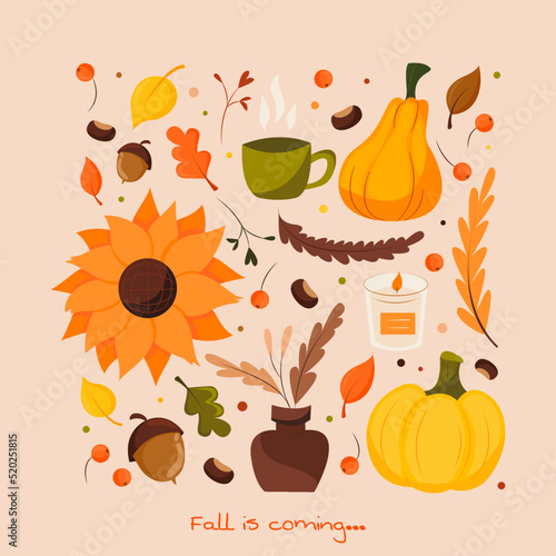 Atmospheric autumn illustration with the caption Fall is coming. Vector template for postcard, poster, flyer, cover and social media. Trendy retro style.