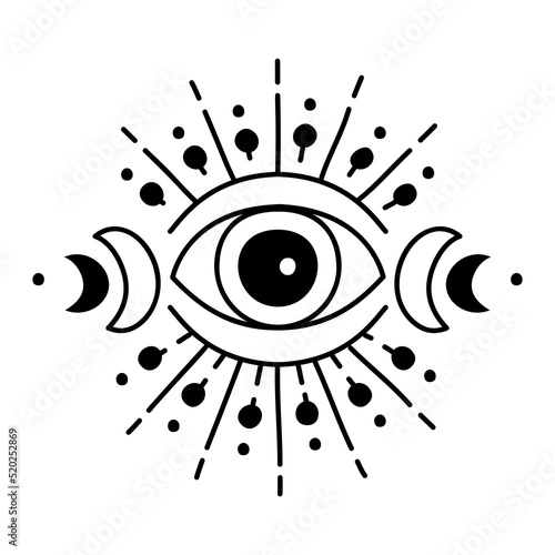 Evil doodle eye. Hand drawn witchcraft eye talisman, magical religion sacred symbol in a trending minimal linear style. For t-shirt prints, boho posters, cards, covers, logo designs and tattoos.