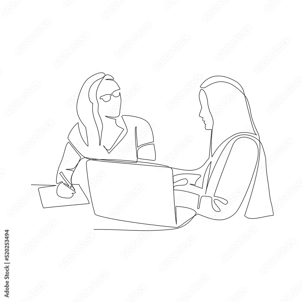 Colleague discussing vector illustration drawn in line art style Colleague discussing vector illustration drawn in line art style