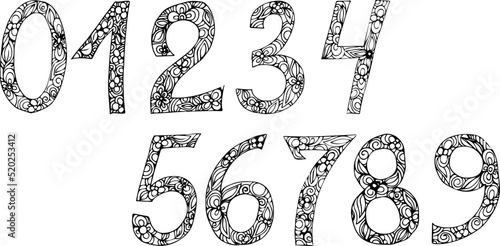 Figures drawn in vector. Numerology. Holiday decoration. Signs and symbols. Numbers from 0 to 9. Mathematics. Arabic numerals. Mathematical signs. Floral print on numbers. Multiplication.