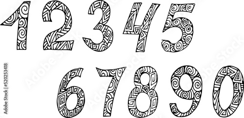 Hand-drawn numbers on a white background. ink. Numerology. Geometric print on the numbers. Decorative set of numbers. From 0 to 9. Doodle. Math doodle. Education. Decor. Holidays. Geometric print.
