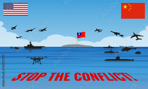 Illustration of a possible conflict between the US and China off the coast of Taiwan in the South China Sea with a call to stop the conflict. photo
