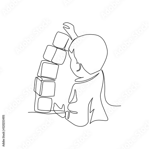 Vector illustration of a child building a pyramid drawn in line art 