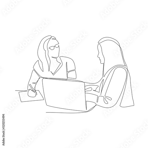 Colleague discussing vector illustration drawn in line art style