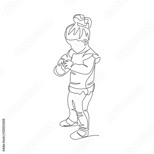 Vector illustration of a girl with a toy drawn in line-art style