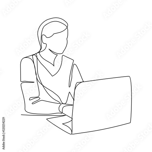 Vector illustration of woman with laptop drawn in line-art style