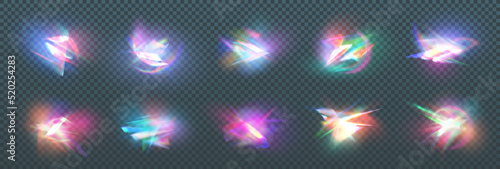 Rainbow crystal light leak flare reflection effect vector illustration. Lens colorful refraction vector set. Colorful optical rainbow lights beam lens flare leak overlay streaks on transparent dark