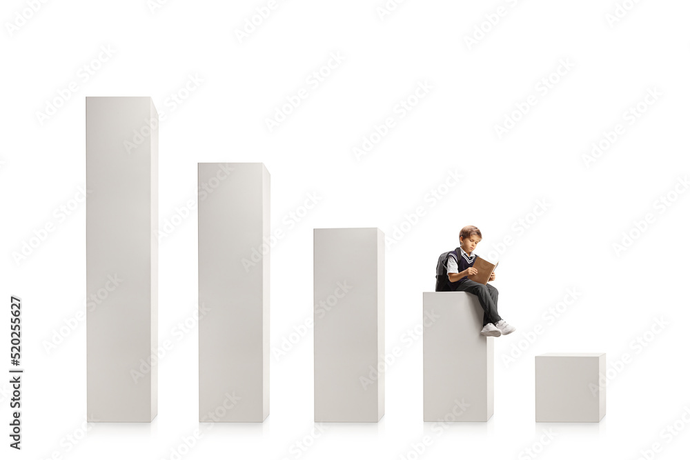 Schoolboy sitting on bar chart and reading a book Schoolboy sitting on bar chart and reading a book