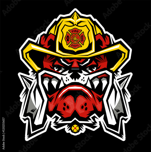fire station bulldog mascot wearing fireman's helmet 