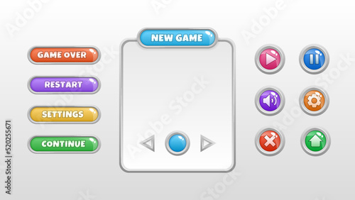 Game Menu Template. Restart, Settings, Continue Gaming Interface. Vector illustration
