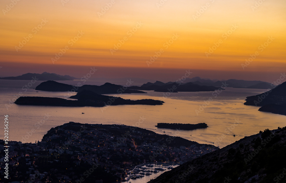 sunset over the sea with Islands Dubrovnik Croatia