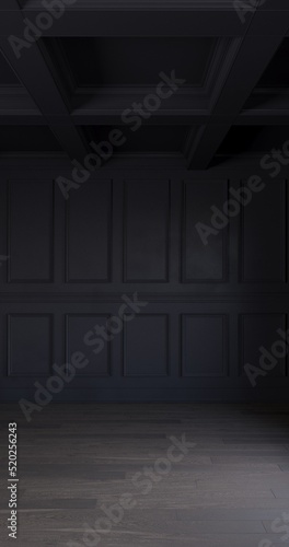 Dark blue almost black wall with molding and wood parquet floor. Ceiling with beams. 3d render. vertical composition.