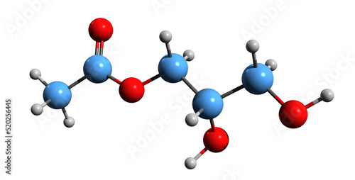  3D image of Glyceryl monoacetate skeletal formula - molecular chemical structure of Monoacetin isolated on white background
 photo