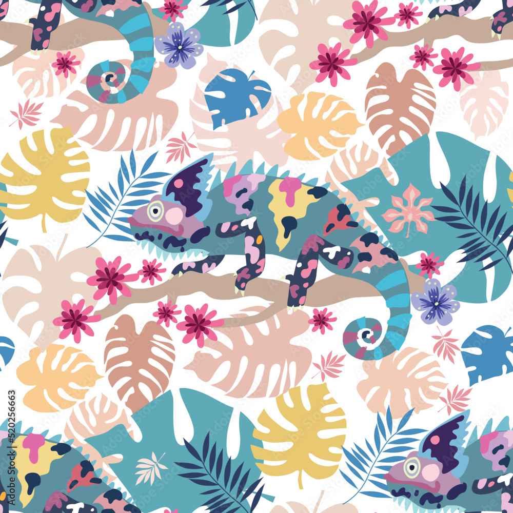 Chameleon  tropical art seamless pattern  pattern  cute vector  cartoon background 