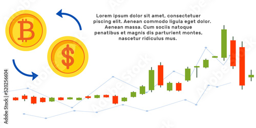 Bitcoin exchanger and analytics banner template. Currency in the future of the Internet. Stock market digital online technology chart. Cryptocurrency with golden coin Bitcoin and dollar.Digital money 