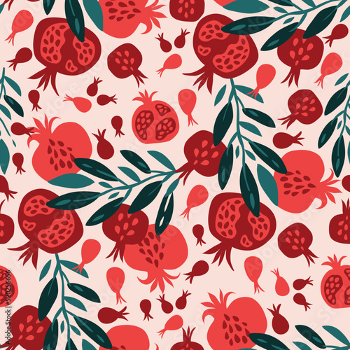 Beautiful seamless pattern with pomegranate fruit for modern design template background for textile, paper, fabric, interior decor, wrapping, wallpaper, packaging. Vector illustration