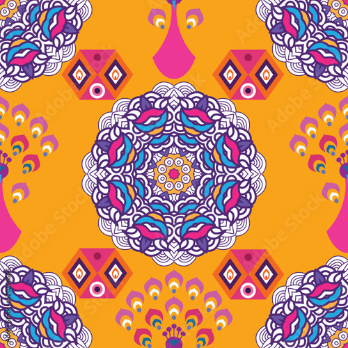 Traditional Indian festival Diwali seamless pattern Happy Festival of lights Deepavali Template for textile, paper, cover Festive Burning diya graphic background Vector abstract flat illustration